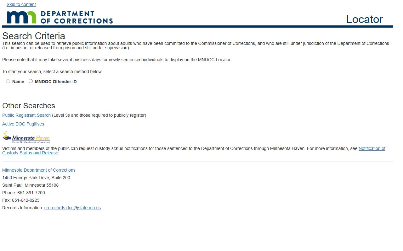 Minnesota Department of Corrections locator for Pennington County sentenced inmate search