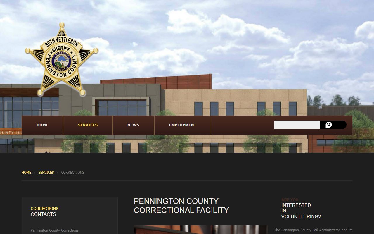 Pennington County Jail correctional facility page for inmate lookup and visitation