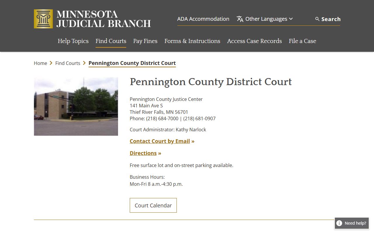 Pennington County District Court court records after arrest contact page