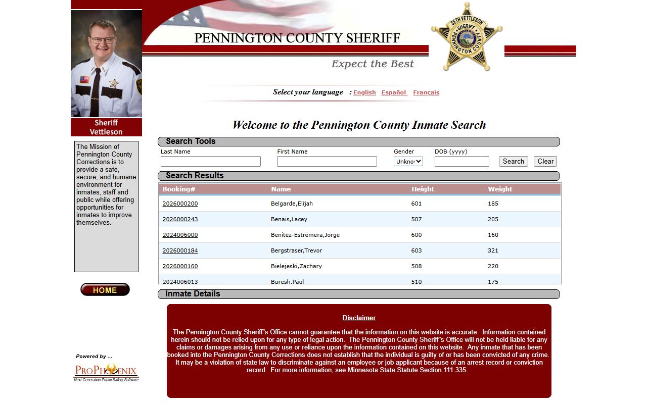 Pennington County inmate population roster search fields and custody results